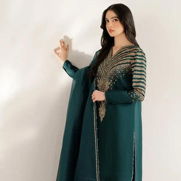 Bottle Green Formal Collection Indian Raw Silk 3pc